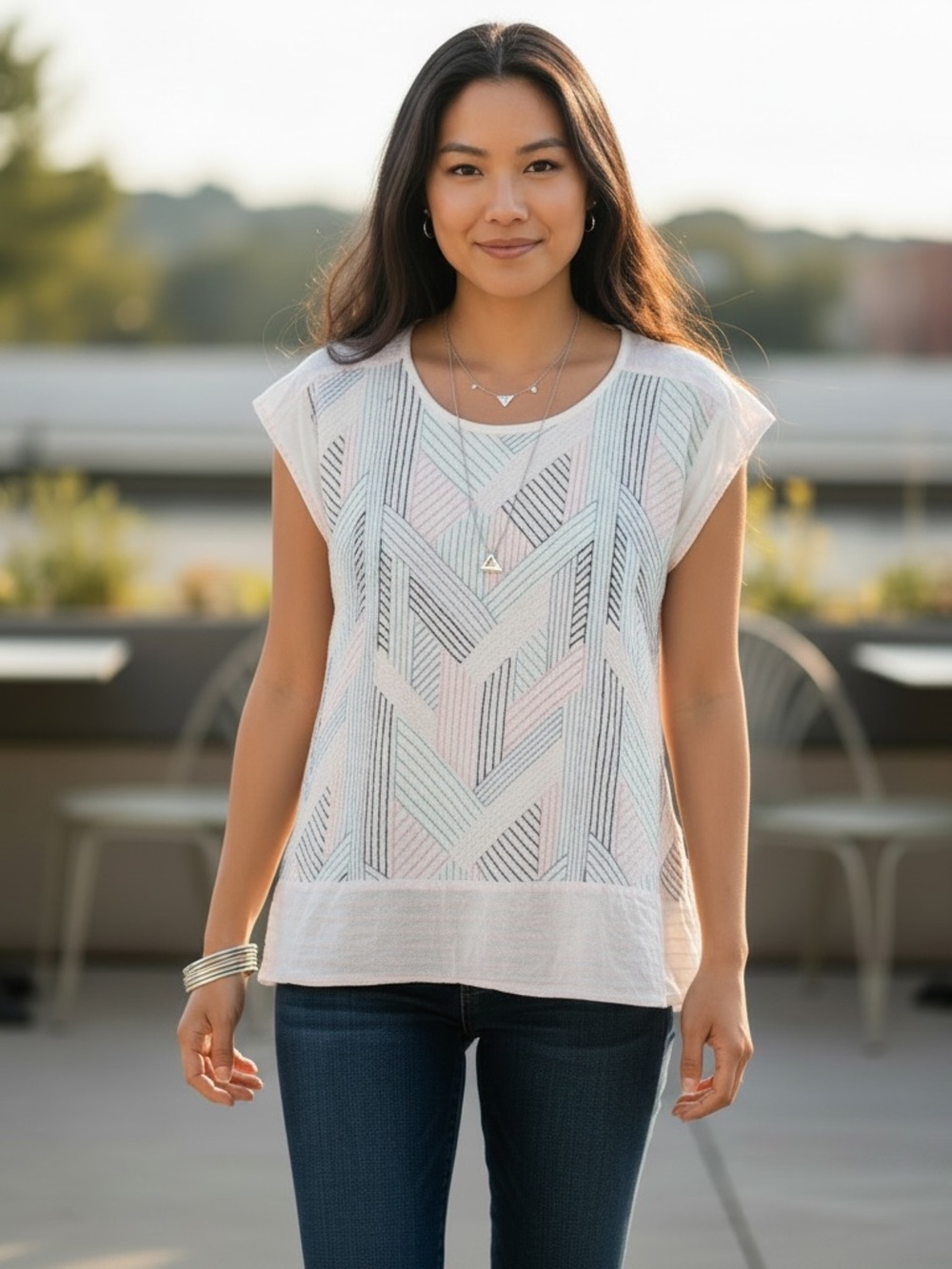 Anthropllogie Akemi + Kin Embroidered Geometric Knit Top - Cotton Tee M